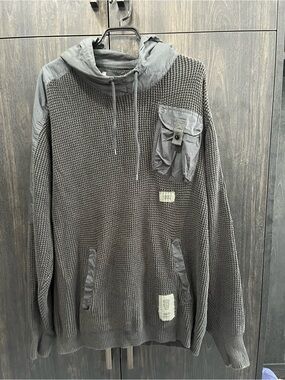 G-Star Men's Charcoal Gray Waffle-Knit Hooded Sweater with Utility Pocket